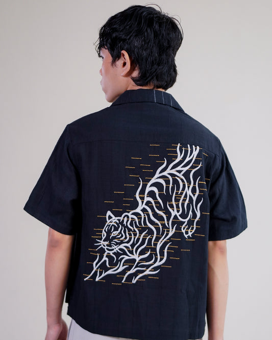 Tiger Embroidered Double Vest Khadi Shirt Black