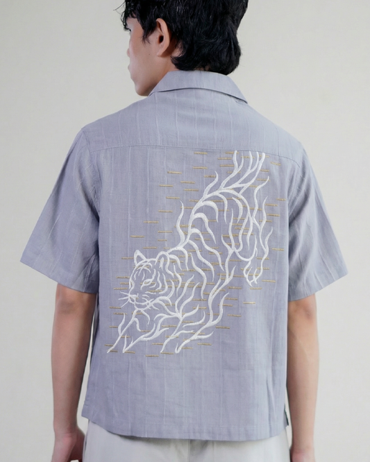 Tiger Embroidered Double Vest Khadi Shirt Gray