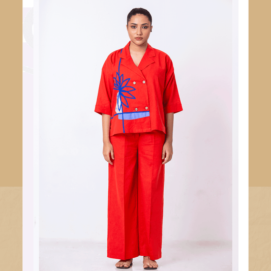 Vibrant Red-Orange Loose-Fit Co-Ord Set - Arka Studio